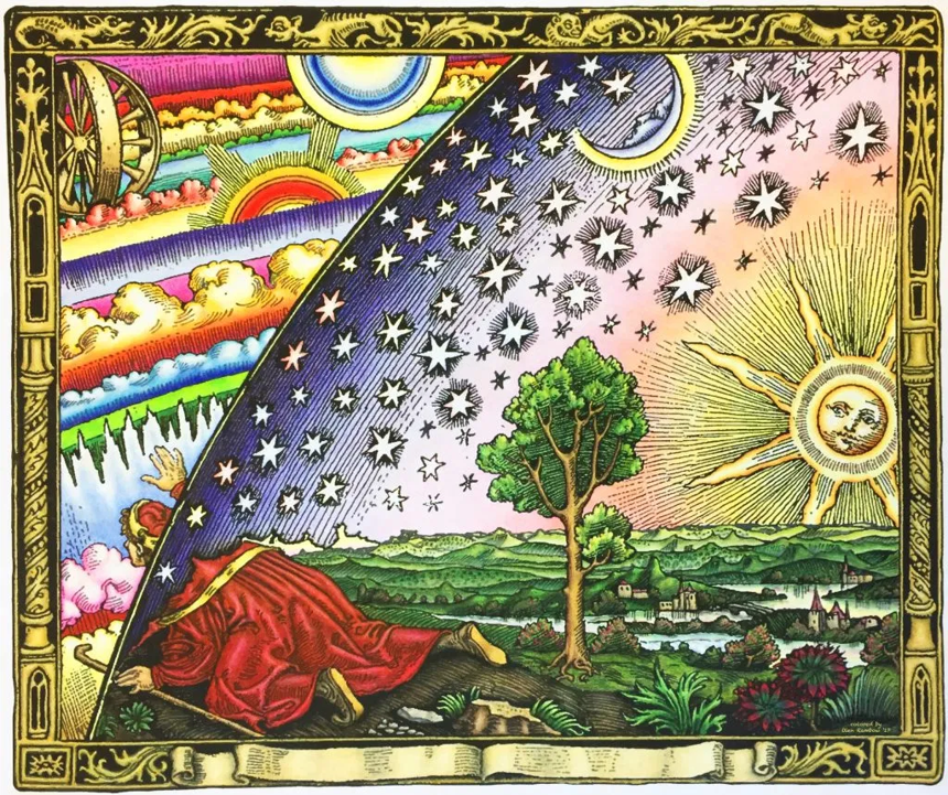 A traveller puts his head under the edge of the firmament in a colored version of the 1888 wood engraving of Flammarion